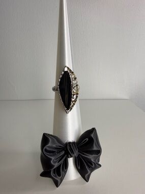 Vintage Emmons Silvertone Black Marquise Ring w/Clear rhinestones size 6 adj.